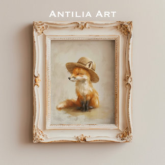 Affiche Renard en Casquette Whimsical Vintage Bois animal