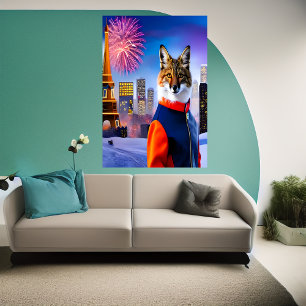 Affiche Renard en uniforme et feu d'artifice AI Art Post