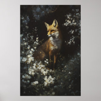 Affiche Renard enchanté du bois blanc Fleurs sauvages Art