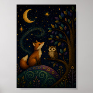 Affiche Renard et Hibou Fantaisistes sous la Lumière de la