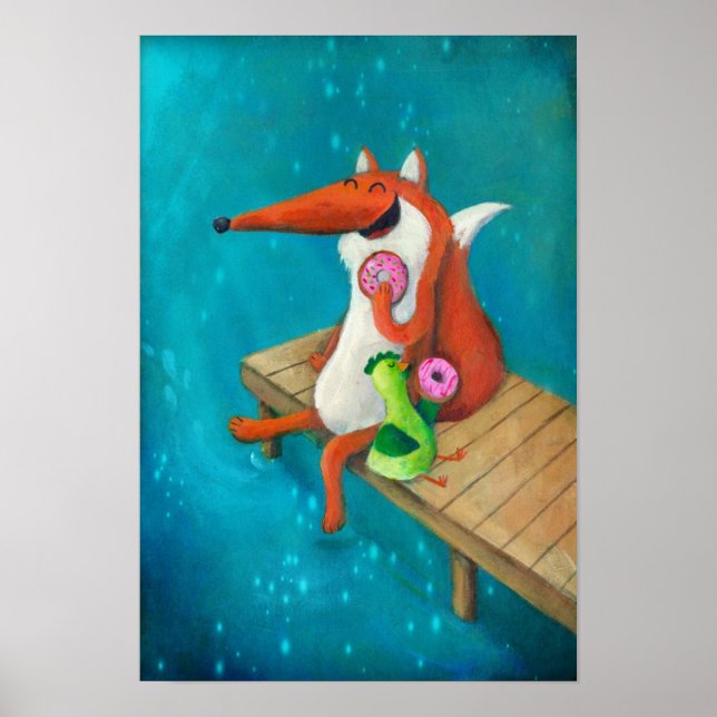 Affiche Renard et poulet amicaux mangeant des beignes (Devant)