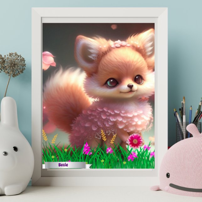Affiche Renard mignon dans un jardin de fleurs roses Perso (Créateur téléchargé)