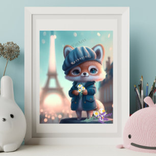 Affiche Renard Mignon en Bleu, Tour Eiffel Paris Personnal