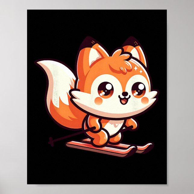 Affiche Renard mignon faisant du ski Kawaii Pente alpine A (Devant)