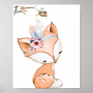 Affiche Renard mignon portant un bandeau de fleurs.