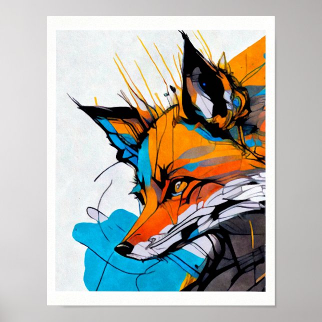 Affiche Renard orange rouge couleurs vives formes lignes  (Devant)