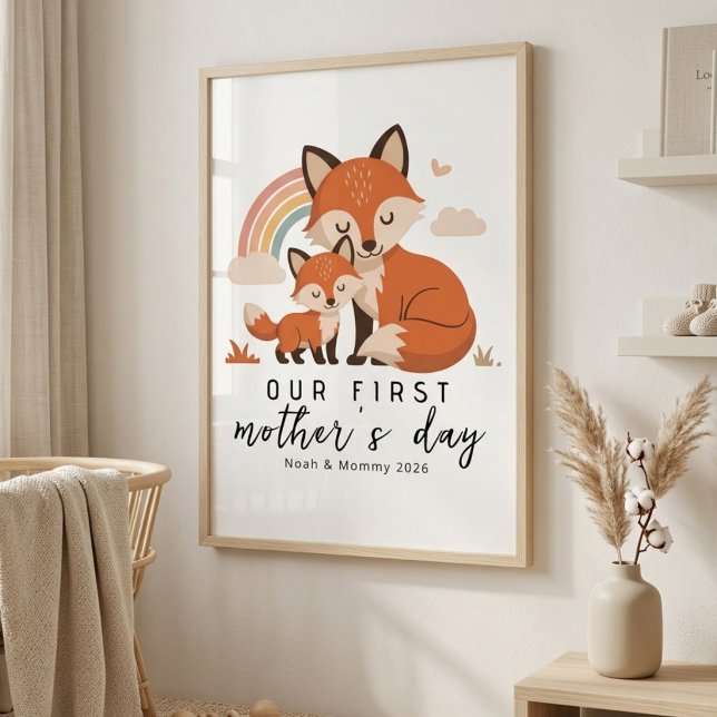 Affiche Renard pastel Maman Bébé Premier Jour de la Fête d (Créateur téléchargé)