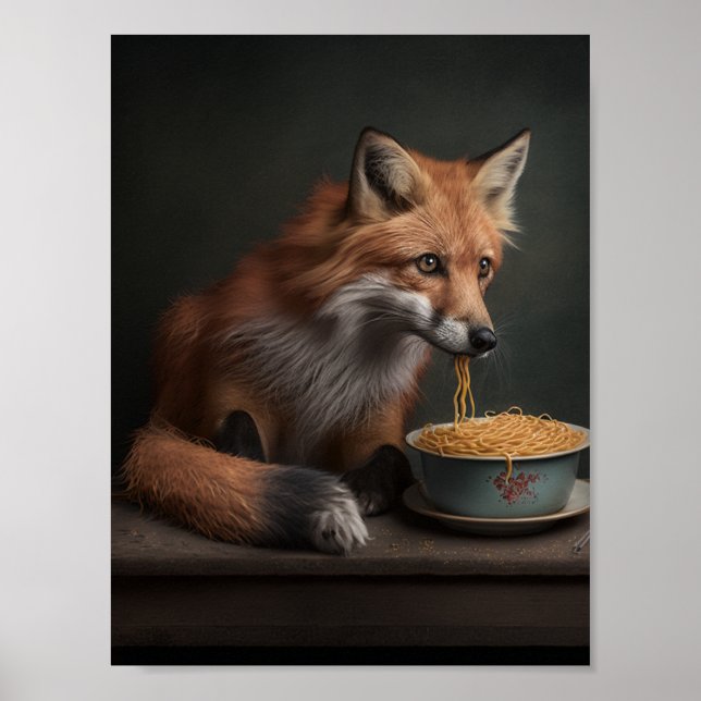 Affiche Renard rouge mangeant un bol de Spaghetti (Devant)