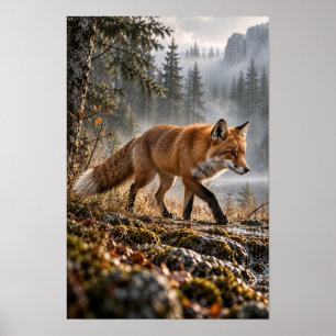 Affiche Renard roux marchant à travers une forêt de montag