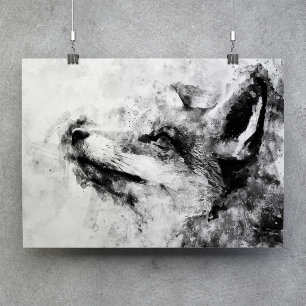 Affiche Renard roux noir et blanc aquarelle 01