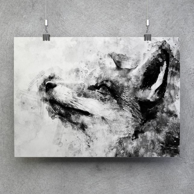 Affiche Renard roux noir et blanc aquarelle 01 (Red Fox Black and White Watercolor 01. Poster)