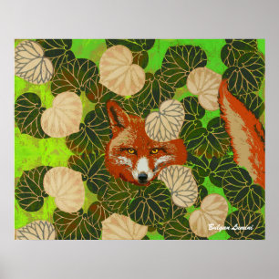 AFFICHE RENARD ROUX PARMI LES FEUILLES VERTES ET LE FEUILL