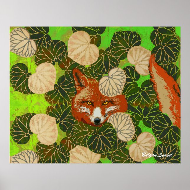 AFFICHE RENARD ROUX PARMI LES FEUILLES VERTES ET LE FEUILL (Devant)