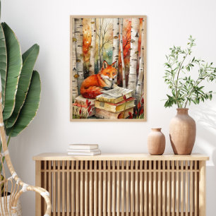 Affiche Renard rustique vintage Livres Bois automne