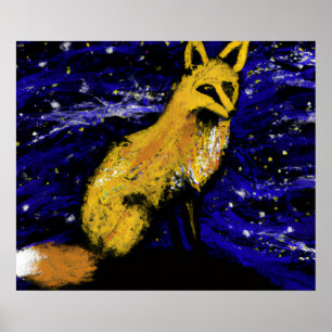 AFFICHE RENARD SOUS UNE NUIT ÉTOILÉE I   REGARD CURIEUX
