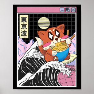 Affiche Renard surfant sur la vague de Kanagawa Kawaii Vap