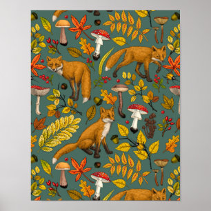 Affiche Renards d'automne sur pin vert