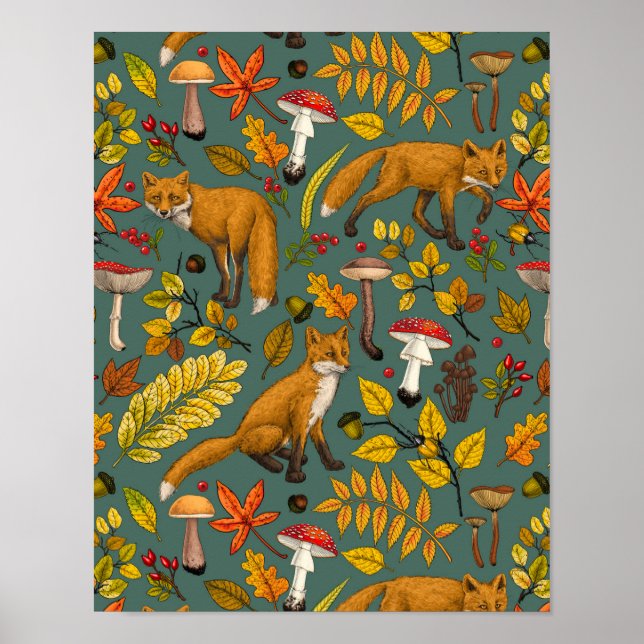 Affiche Renards d'automne sur pin vert (Devant)