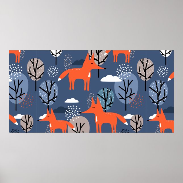 Affiche Renards et arbres, fond dessiné à la main. Mer col (Devant)