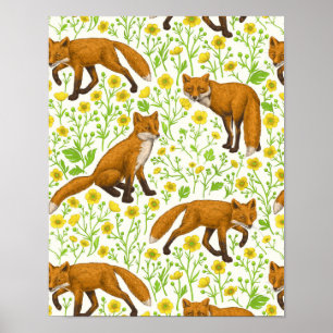 Affiche Renards et papillons sur le blanc naturel