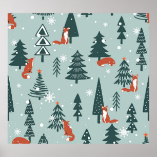 Affiche Renards, sapins, hiver, motif coloré
