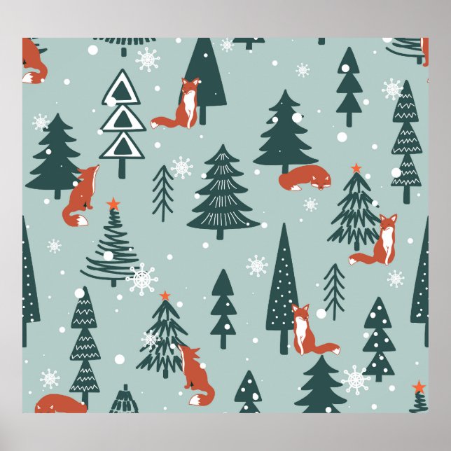 Affiche Renards, sapins, hiver, motif coloré (Devant)