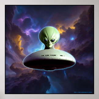 Affiche Rencontre galactique : Green Alien Head UFO Advent