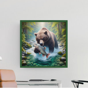 Affiche Rencontre majestueuse : Ours et poisson en cours d