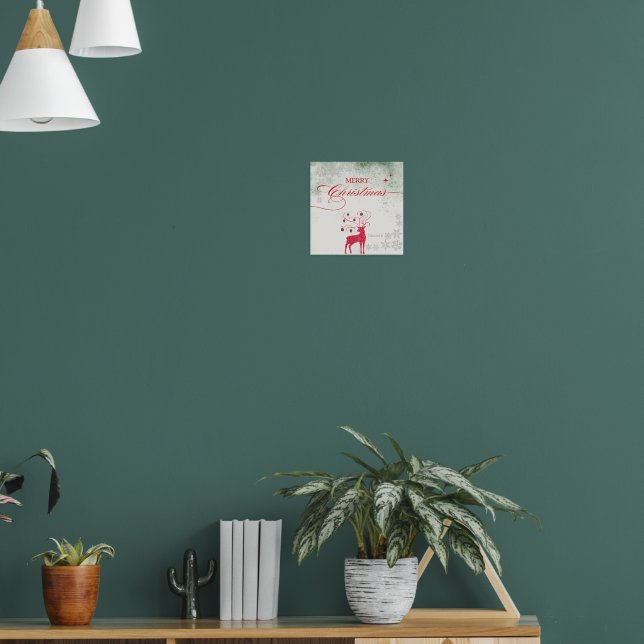 Affiche Renne rouge flocons de neige argentés Noël vert (Salon 1)