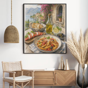 Affiche Repas de pâtes côtières méditerranéennes au crayon