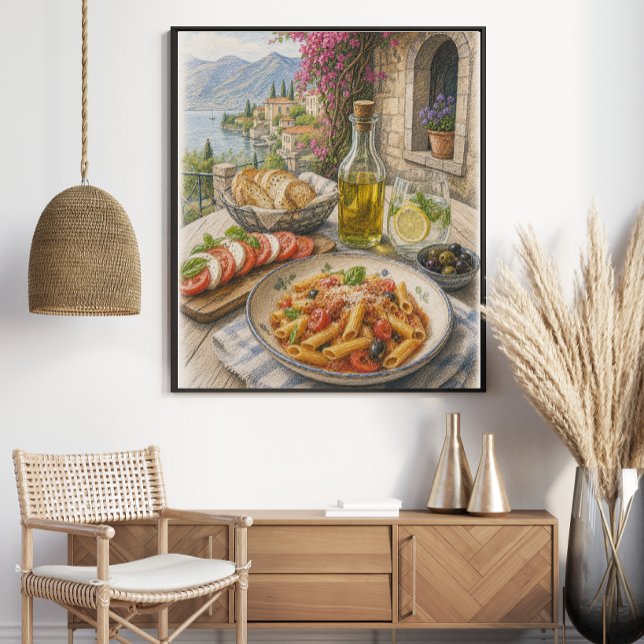 Affiche Repas de pâtes côtières méditerranéennes au crayon (Créateur téléchargé)