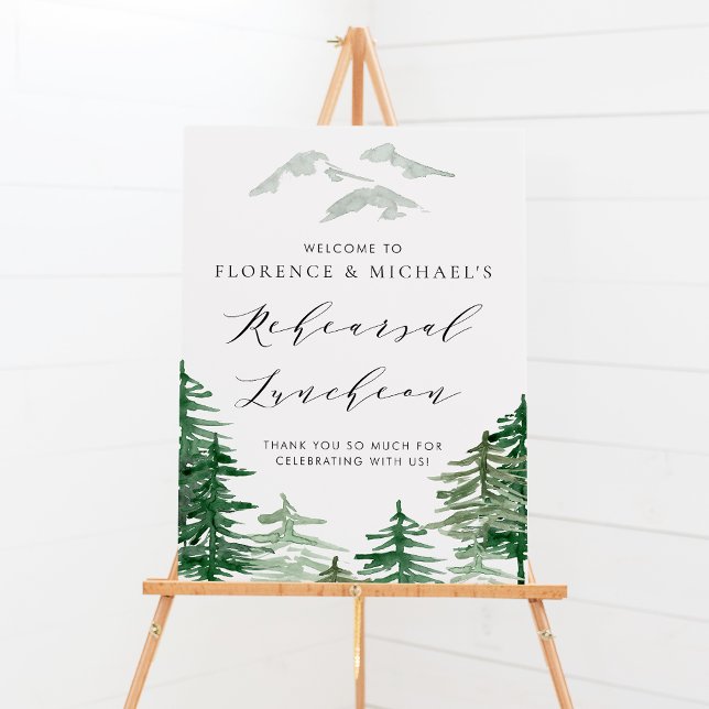 Affiche Répétition des forêts d'aquarelle Brunch (Customizable woodland wedding rehearsal luncheon welcome sign featuring watercolor forest. )
