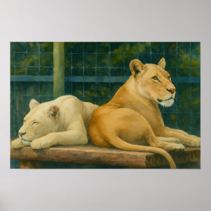 Affiche Repos surveillé - Paire de lions dans le cadre du