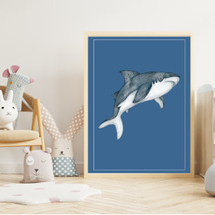 Affiche Requin à l'aquarelle sur fond bleu pour la décorat
