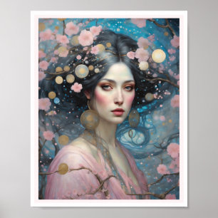 Affiche Ressort rose cerisier Fleur Femme yeux bleus