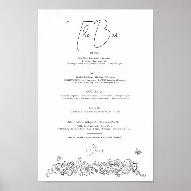 Affiche Ressorts fleuris art mariage boissons menu bar (Devant)