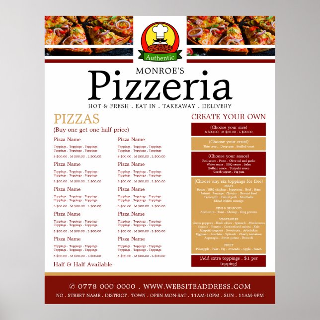 Affiche Restaurant de pizzas, Menu de pizzeria (Devant)