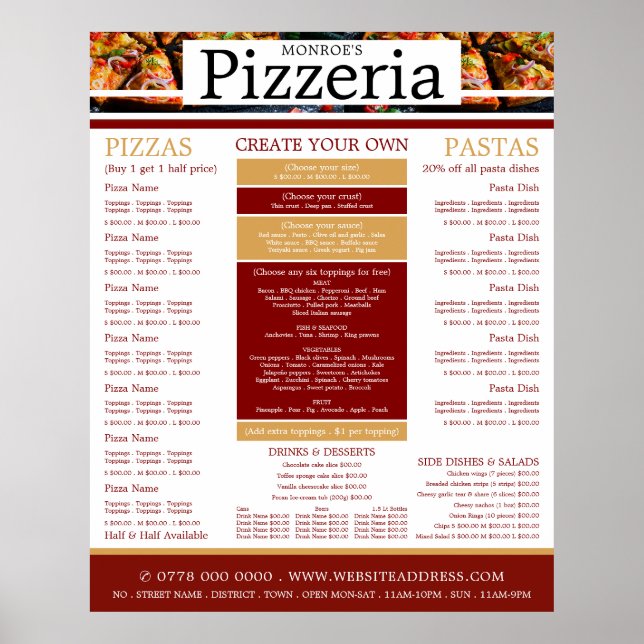 Affiche Restaurant Pizza, Menu Pizzeria (Devant)