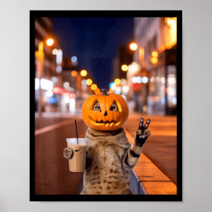 Affiche Restez sauvage chat d'Halloween buvant du café gla