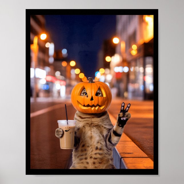 Affiche Restez sauvage chat d'Halloween buvant du café gla (Devant)