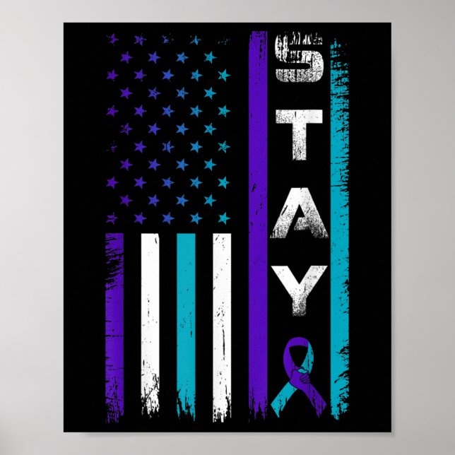 Affiche Restez Turquoise Violet Ruban Usa Drapeau Préventi (Devant)
