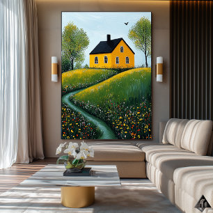 Affiche Retraite de cottage doré – Art naïf et champêtre c