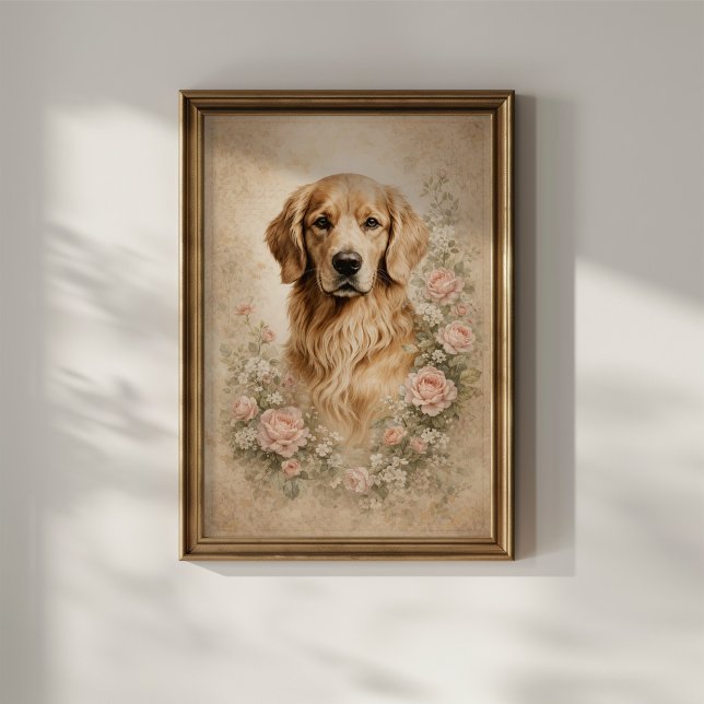 Affiche Retriever doré avec des roses (Créateur téléchargé)