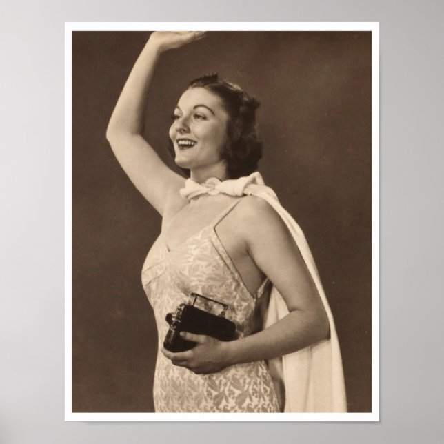 Affiche Retro 40s woman in swimsuit waving (Devant)