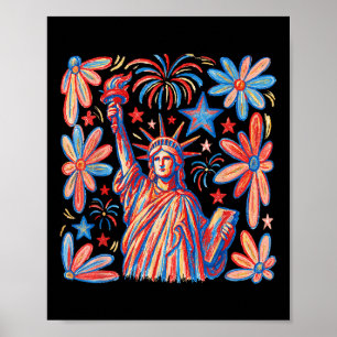 Affiche Retro 4 Juillet Statue De Liberty America Fille Fe