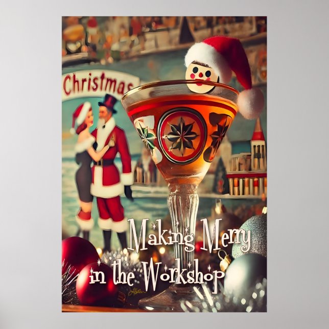 Affiche Retro 50s Cocktail Making Merry Christmas Workshop (Devant)