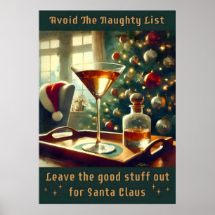 Affiche Retro 50s Évitez la Liste Vilain Noël Martini
