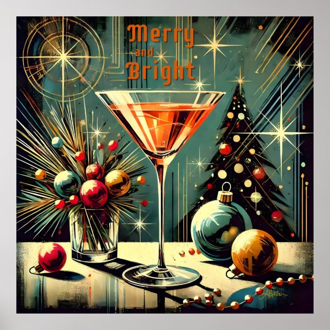 Affiche Retro 50s Joyeux et Lumineux Martini de Noël (Devant)