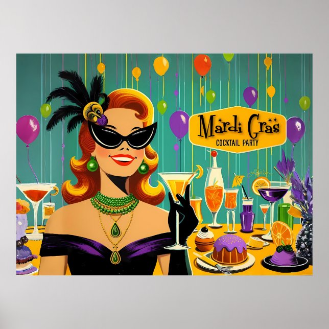 Affiche Retro 50s Mardi Gras Martini Cocktail Party (Devant)
