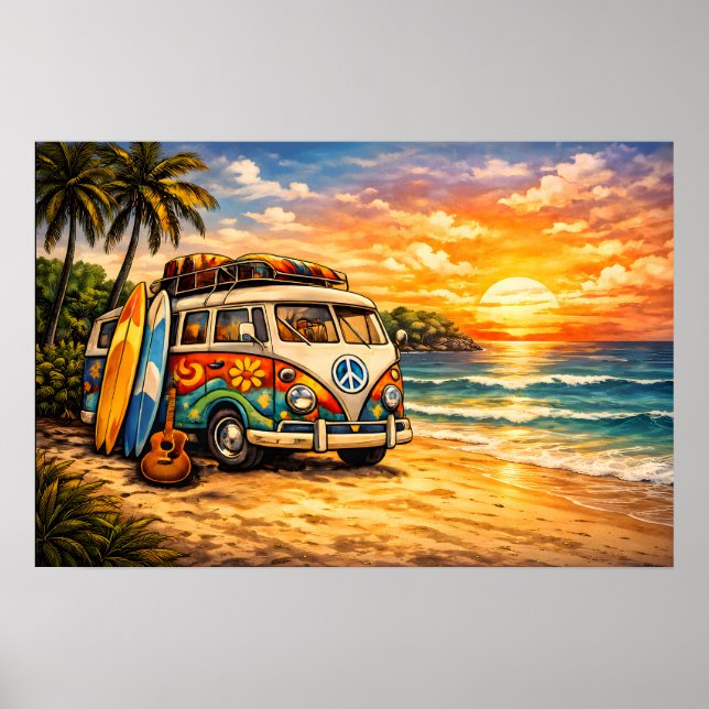 Affiche Retro 60s Hippie Beach Bus Sunset | Surf Van Life (Devant)